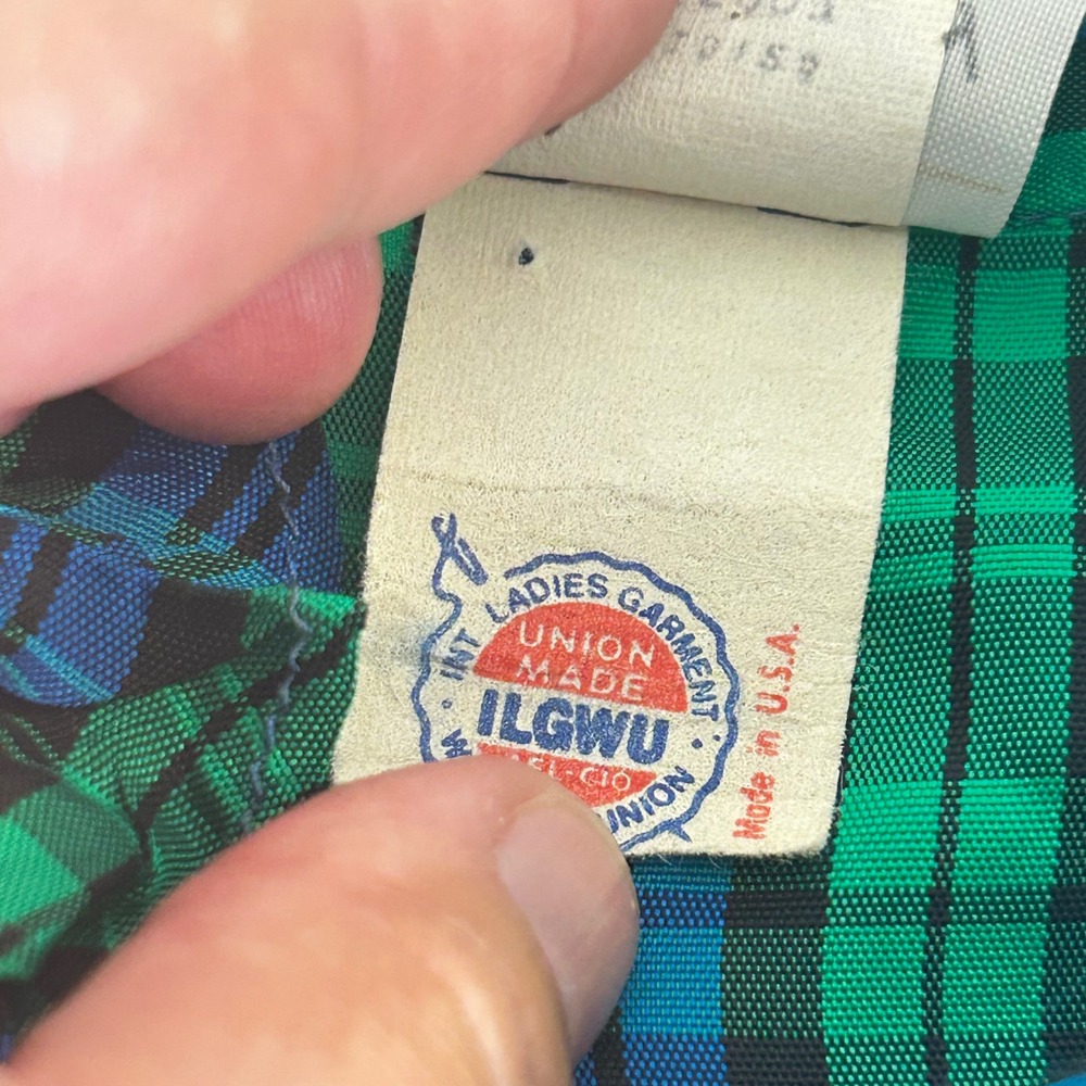 Vintage JCPenney Fashions Plaid Blouse Green Blue Ruffle Neck ILGWU USA 13/14 - Picture 7 of 9